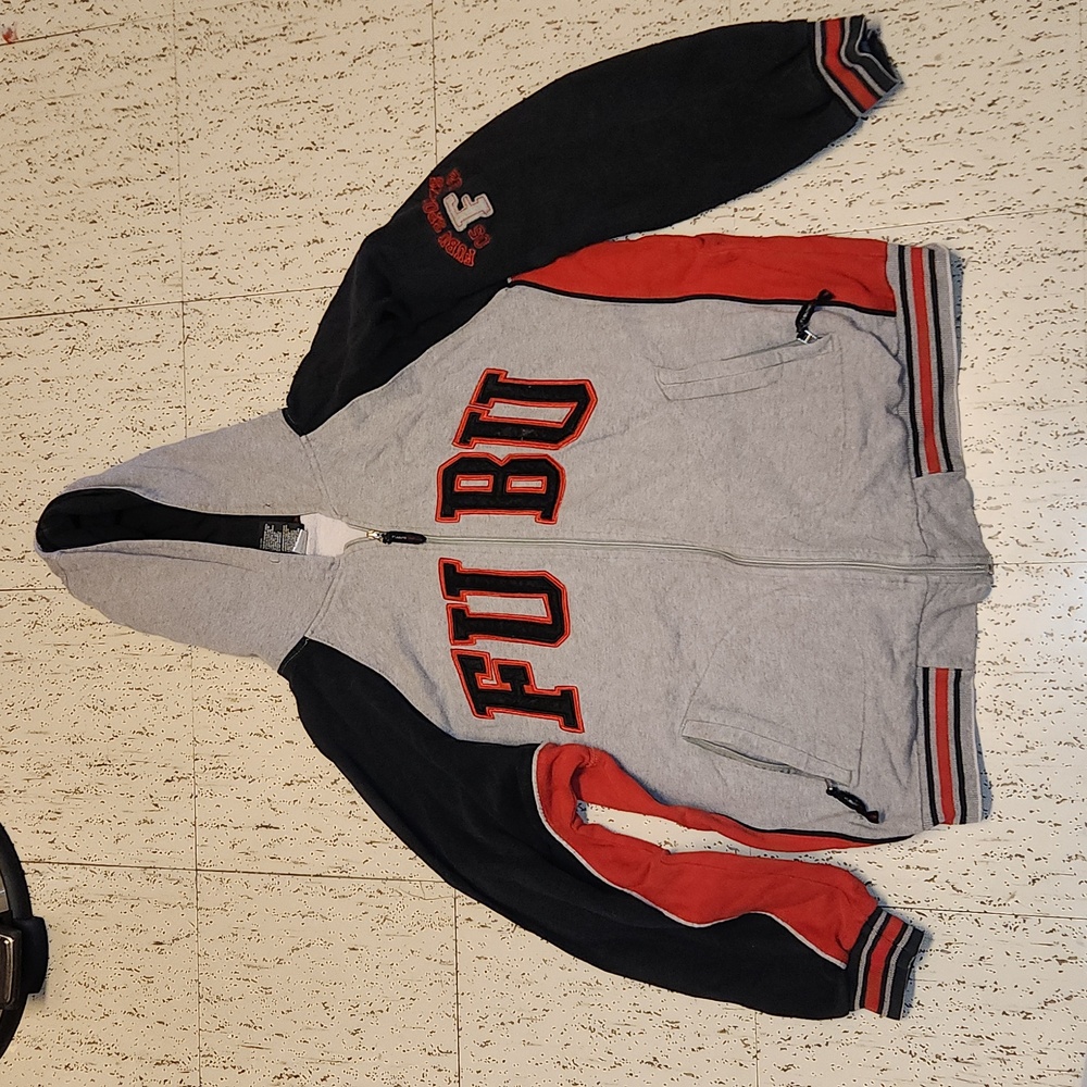 Fubu Spell Out Logo Full Zip Hoodie Vintage Y2K Grey, Black And Red